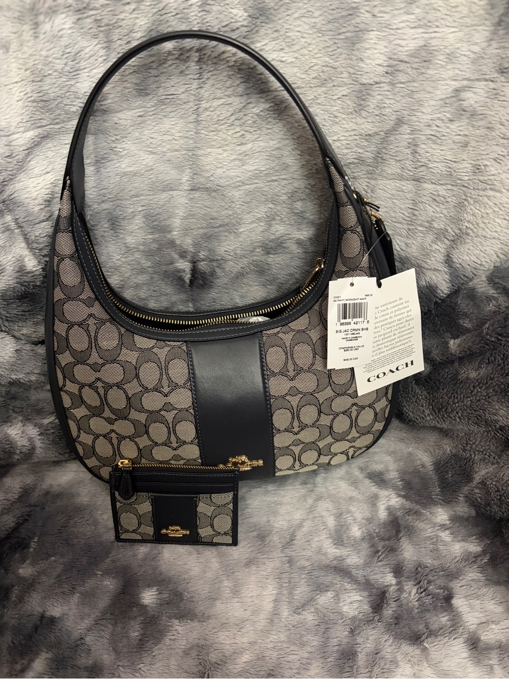 Coach Khaki Signature Canvas Hobo with Navy Blue Leather Trim